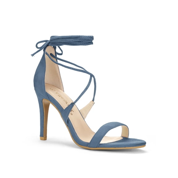 BLISSFUL STEP Women's Shoes Stiletto High Heel Ankle Wrap Tie Open Toe Faux Suede Sandals Haze Blue 9