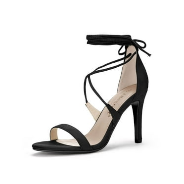 BLISSFUL STEP Women's Lace Up Ankle Wrap Open Toe Stiletto High Heel Sandals Black 5