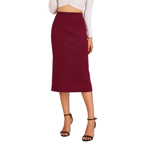 INSPIRE CHIC Women's Straight Skirt High Waist Midi Sweater Pencil Skirt XS Claret
