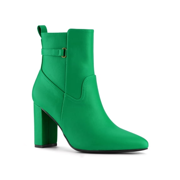 BLISSFUL STEP Women's Strap Decor Point Toe Block High Heels Ankle Boots