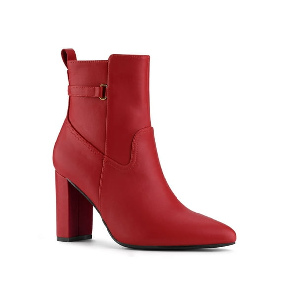 BLISSFUL STEP Women's Strap Decor Point Toe Block High Heels Ankle Boots