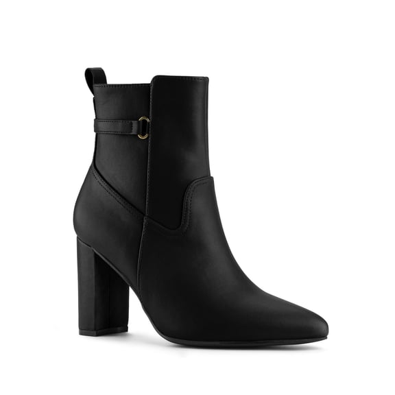 BLISSFUL STEP Women's Strap Decor Point Toe Block High Heels Ankle Boots
