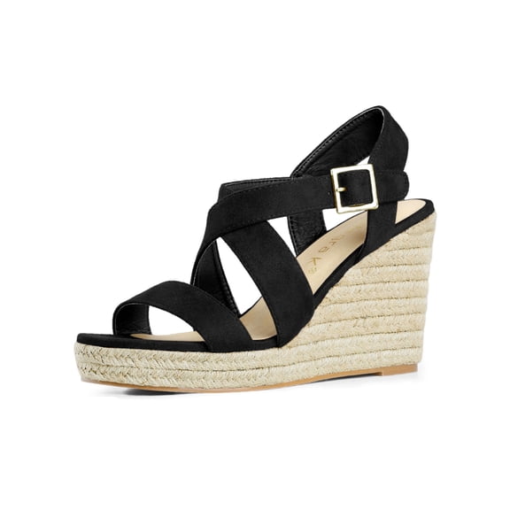 BLISSFUL STEP Women's Strap Espadrilles Platform Slingback Wedges Sandals Black 8.5