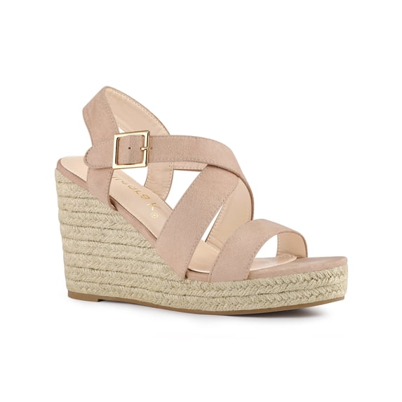 BLISSFUL STEP Women's Shoes Crisscross Ankle Strap Espadrille Wedge Sandals Nude 8.5
