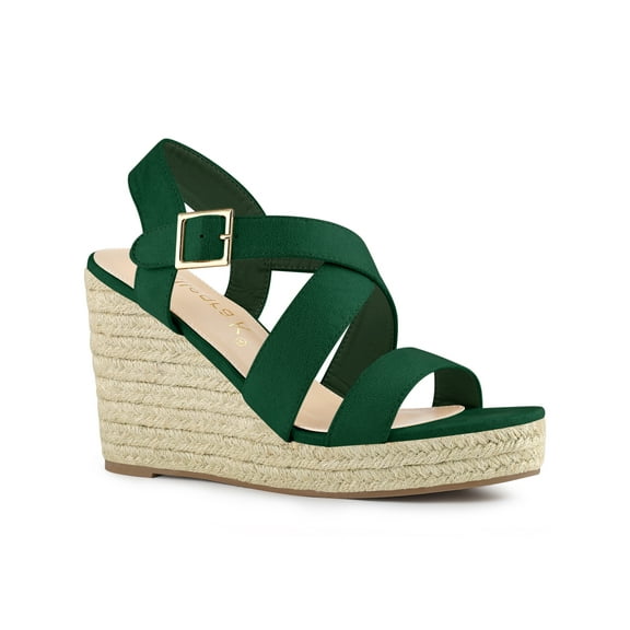 BLISSFUL STEP Women's Strap Espadrilles Platform Slingback Wedges Sandals Emerald Green 6