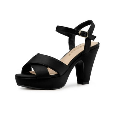 BLISSFUL STEP Women's Fashion Platform Strap Slingback Chunky Heel Open Toe Sandals Black 6