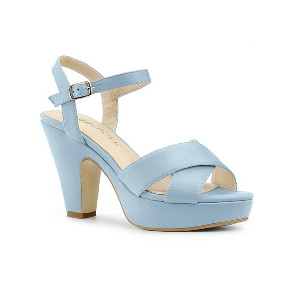 BLISSFUL STEP Valentine's Women's Fashion Platform Strap Slingback Chunky Heel Open Toe Sandals Sky Blue 7