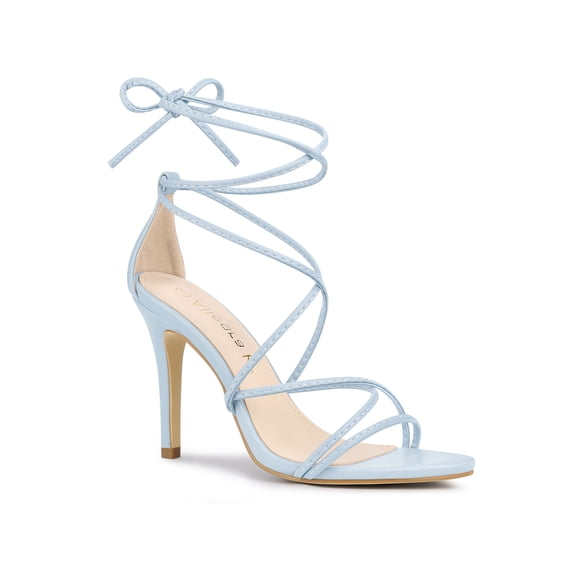 BLISSFUL STEP Women's Strappy Heel Lace Up Stiletto Heels Sandals Light Blue 9