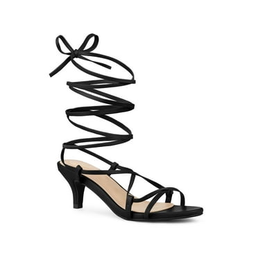 Allegra K Women's Strappy Lace Up Kitten Heels Sandals Black (Size 6)