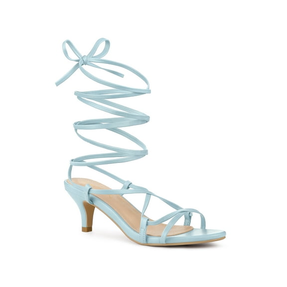 BLISSFUL STEP Women's Strappy Lace Up Kitten Heels Sandals Light Blue (Size 9.5)