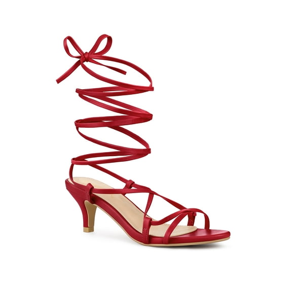 BLISSFUL STEP Women's Strappy Lace Up Kitten Heels Sandals Red (Size 7.5)