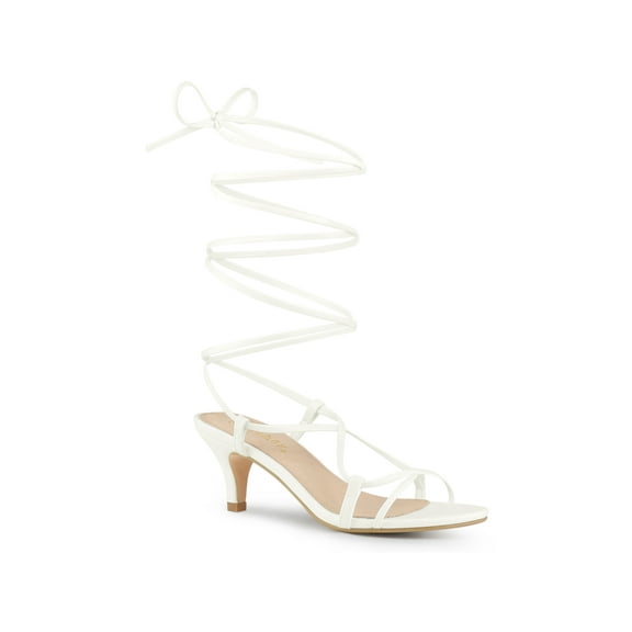BLISSFUL STEP Women's Strappy Lace Up Kitten Heels Sandals White (Size 6)