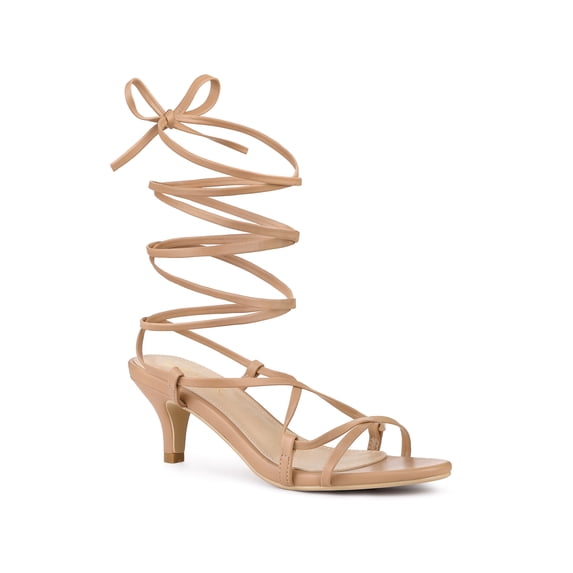 BLISSFUL STEP Women's Heels Strappy Lace Up Open Toe Kitten Heel Sandals Nude 8