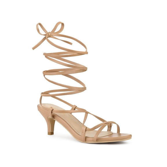 BLISSFUL STEP Women's Strappy Lace Up Kitten Heels Sandals Nude (Size 9)