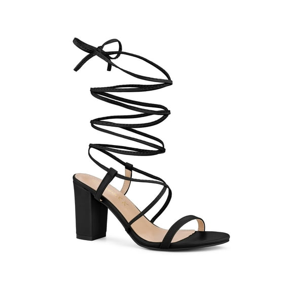 BLISSFUL STEP Women's Shoes Block Heel Open Toe Lace Up Crisscross Strap Party Sandals Black 7