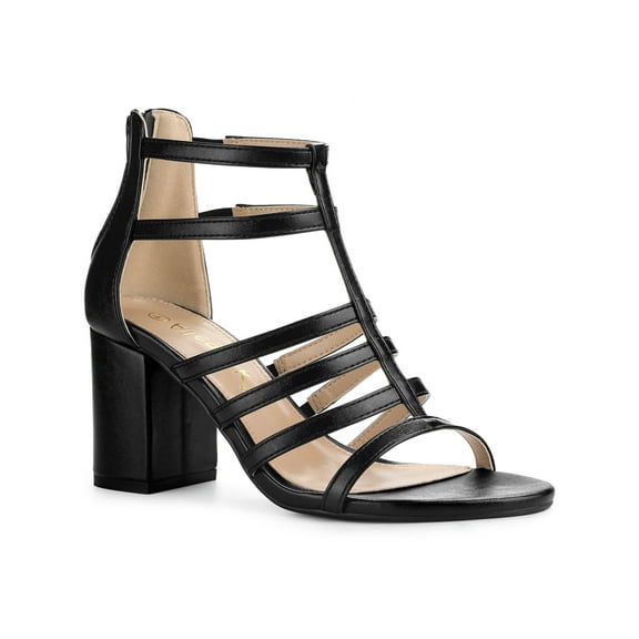 BLISSFUL STEP Women's Shoes Strappy Roman Block Heel Sandals Black 7.5