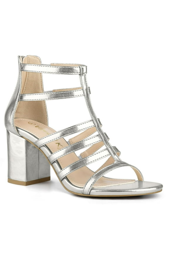 Women's Shoes Strappy Roman Block Heel Sandals Silver White 9