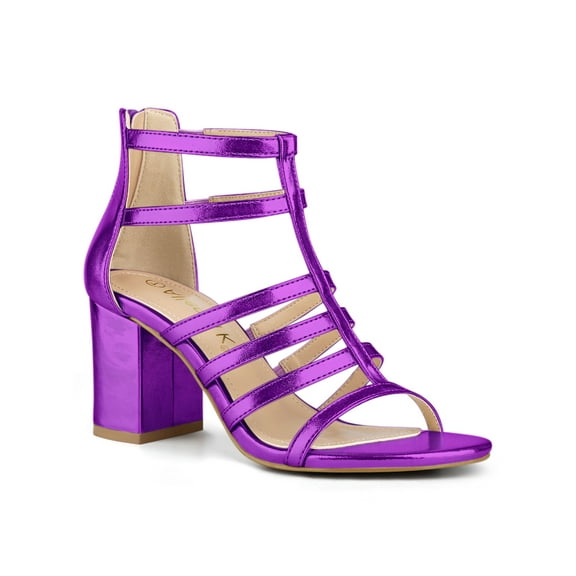 BLISSFUL STEP Women's Shoes Strappy Roman Block Heel Sandals Purple 5