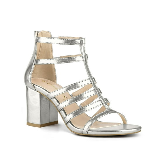 BLISSFUL STEP Women's Shoes Strappy Roman Block Heel Sandals Silver White 5