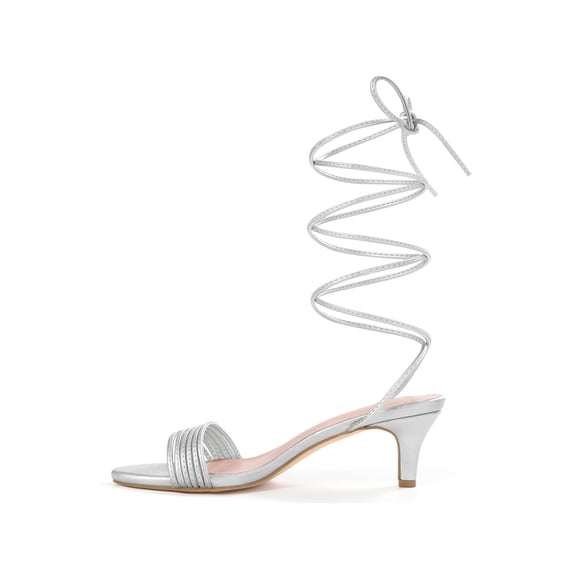 BLISSFUL STEP Women's Strappy Strap Lace Up Kitten Heel Sandals Silver 7.5