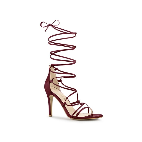 BLISSFUL STEP Women Strappy Straps Lace Up Stiletto Heel Sandals Burgundy 7