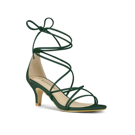 BLISSFUL STEP Women's Back to School Straps Kitten Heel Lace Up Sandals Green 7.5