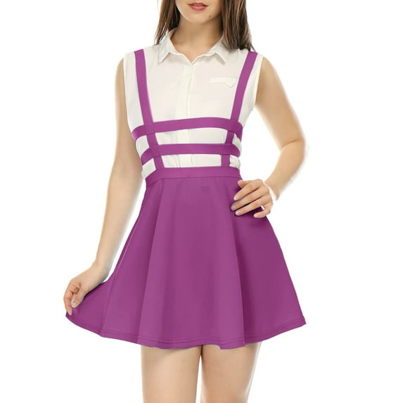 Allegra K Women's Stretchy Straps Elastic Waist Pleated A Line Mini Suspender Skirt