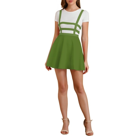 Allegra K Women's Stretchy Straps Elastic Waist Pleated A Line Mini Suspender Skirt