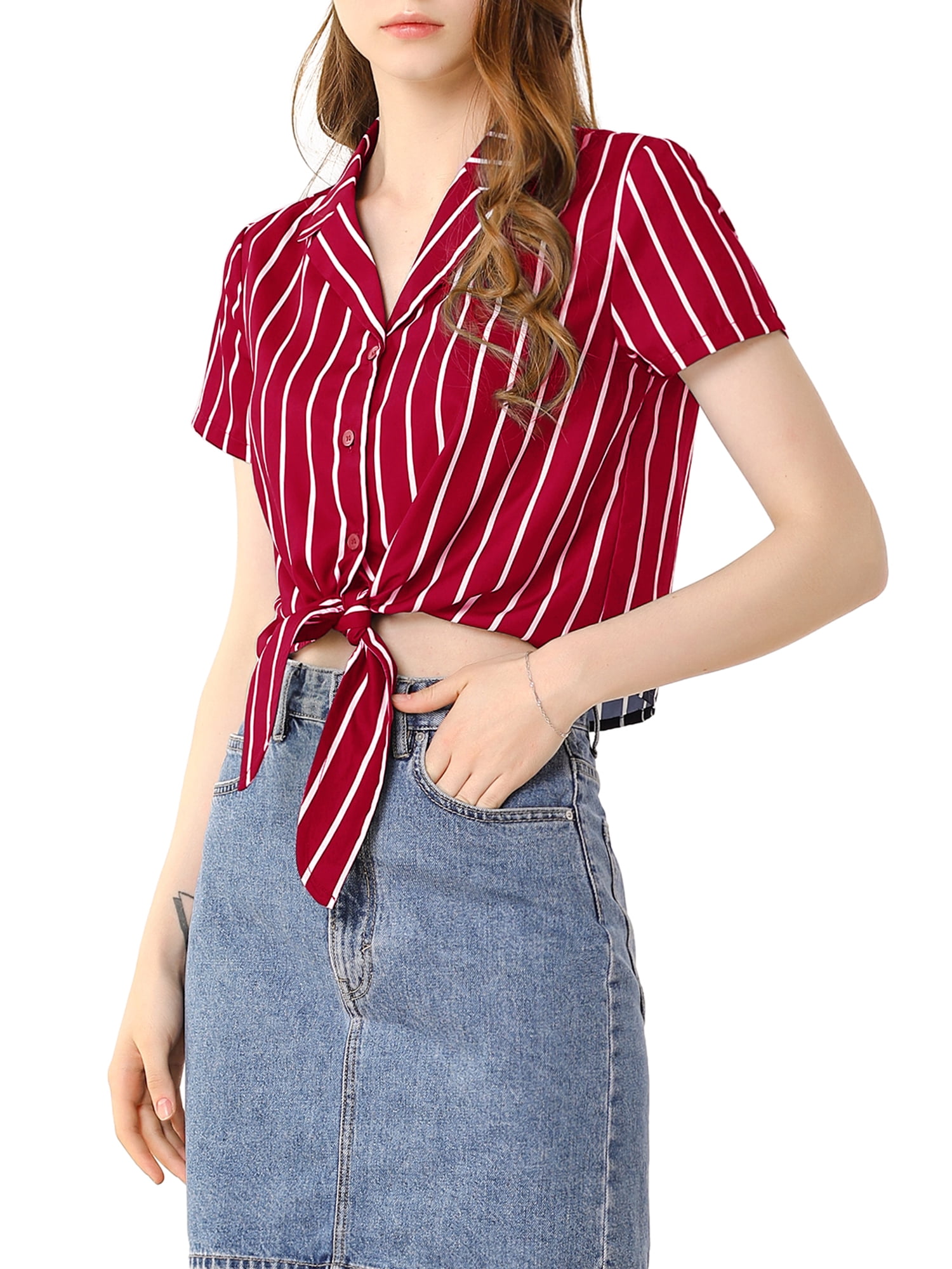 INSPIRE CHIC Women's Stripe Button up Short Sleeve Tie Front Short Shirts S Red