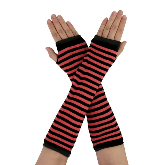 INSPIRE CHIC Women's Stripe Elbow Length Fingerless Thumb Hole Gloves Orange Red
