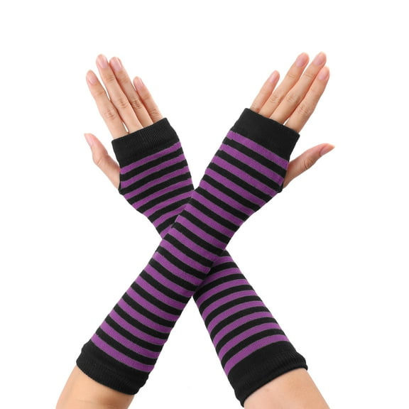 INSPIRE CHIC Women's Fingerless Gloves Printed Elbow Length Knitted Arm Warmers Black DarkViolet