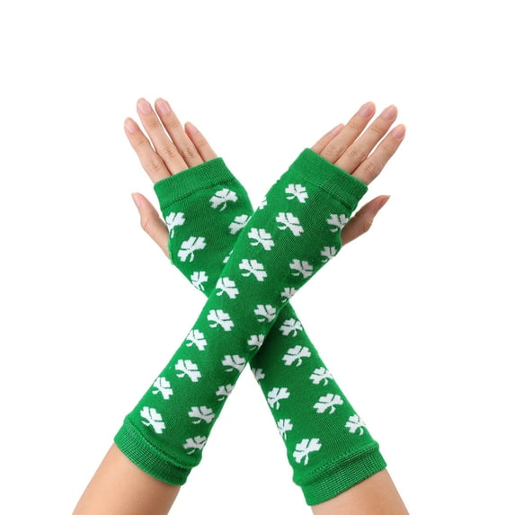 INSPIRE CHIC Women's Fingerless Gloves Printed Elbow Length Knitted Arm Warmers Green