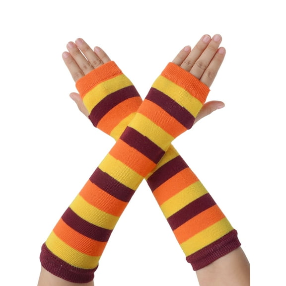 INSPIRE CHIC Women's Fingerless Gloves Printed Elbow Length Knitted Arm Warmers Brown Orange Yellow