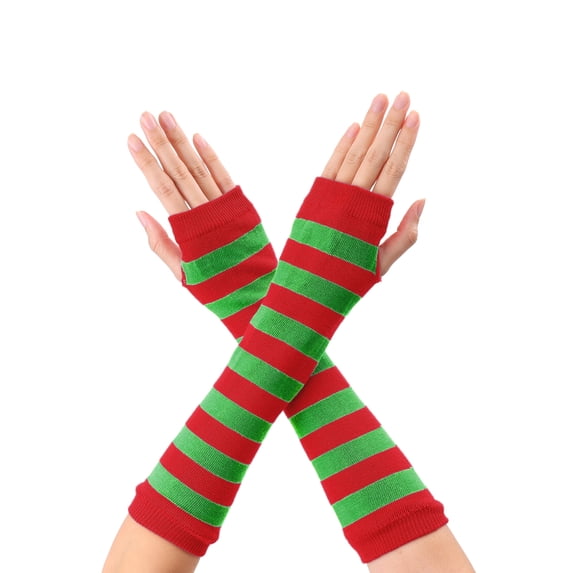 INSPIRE CHIC Women's Fingerless Gloves Printed Elbow Length Knitted Arm Warmers Red Green Wide Stripes