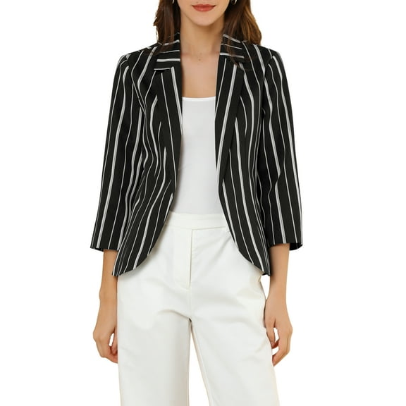 INSPIRE CHIC Women's Striped Blazer 3/4 Sleeves Casual Open Front Notched Lapel Blazer L Dark Black