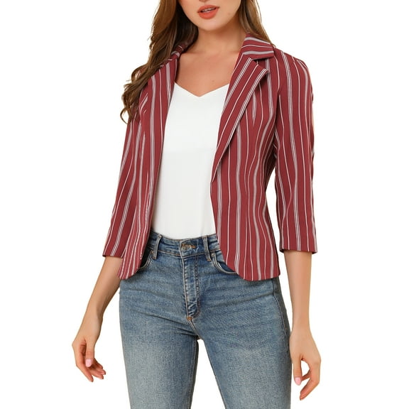 INSPIRE CHIC Women's Striped Blazer 3/4 Sleeves Casual Open Front Notched Lapel Blazer S Red