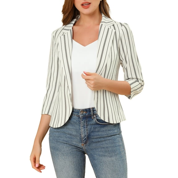 INSPIRE CHIC Women's Striped Blazer 3/4 Sleeves Casual Open Front Notched Lapel Blazer XL White
