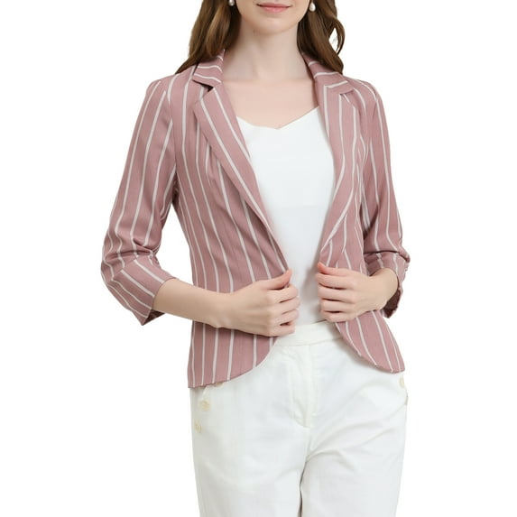 INSPIRE CHIC Women's Striped Blazer 3/4 Sleeves Casual Open Front Notched Lapel Blazer XS Dark Pink