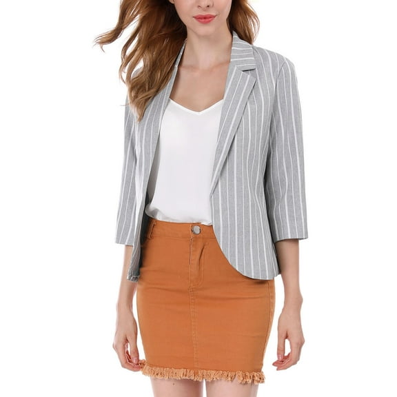 INSPIRE CHIC Women's Striped Blazer  3/4 Sleeves Casual Open Front Notched Lapel Blazer XL Gray
