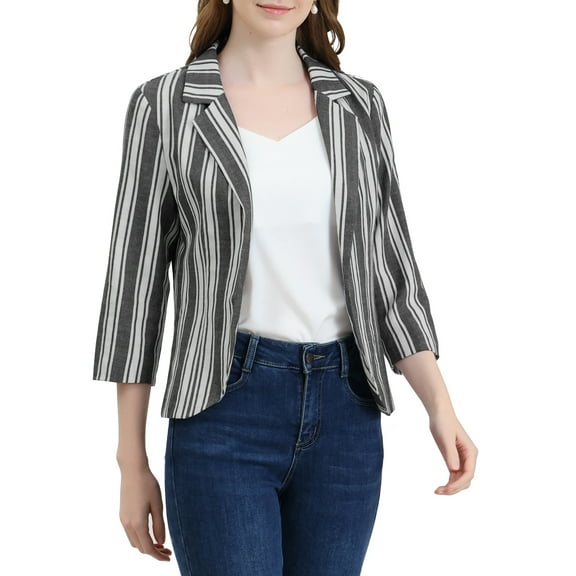 INSPIRE CHIC Women's Striped Blazer  3/4 Sleeves Casual Open Front Notched Lapel Blazer S Black White