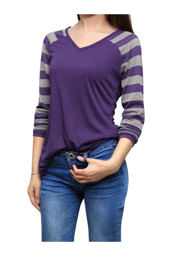 Women's Striped Raglan Long Sleeve V Neck T-Shirt L Purple