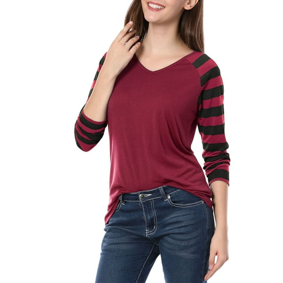 Allegra K Women's Striped Raglan Long Sleeve V Neck T-Shirt
