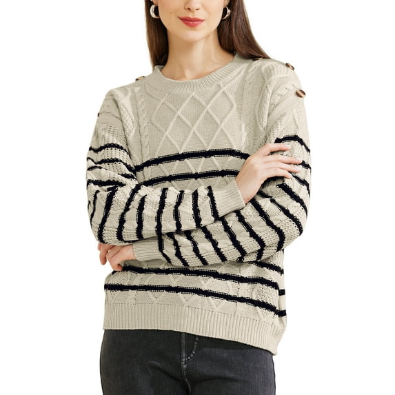 INSPIRE CHIC Women's Striped Sweater Pullover Crewneck Long Sleeve Cable Knitted Sweaters