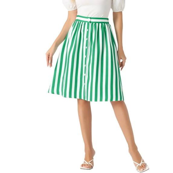 INSPIRE CHIC Women's Striped Skirt Elastic High Waist Button Front A-Line Midi Skirt M Green