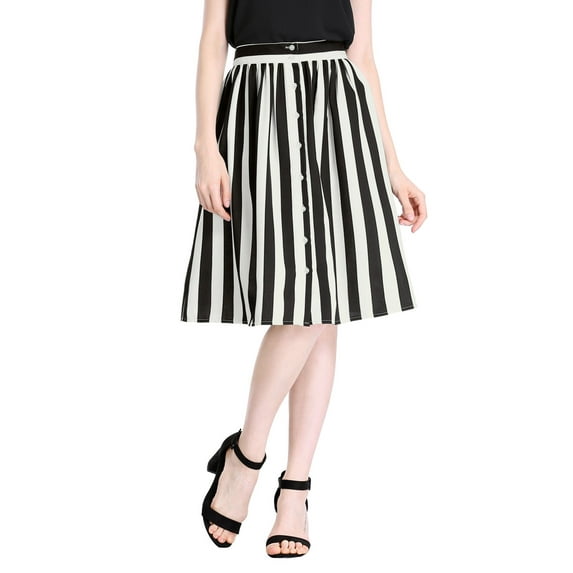 INSPIRE CHIC Women's Stripes Button Front Elastic Back A Line Midi Skirt 2XL White Black