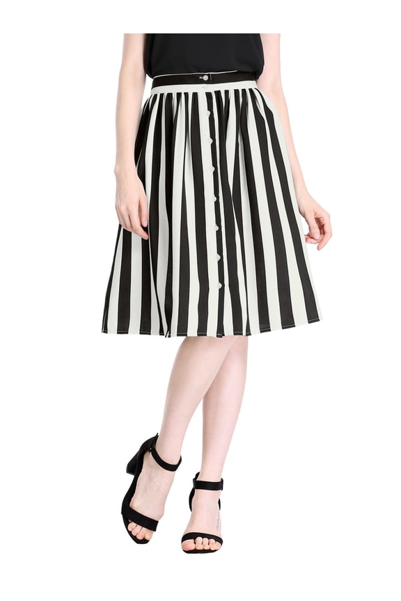 Women's Striped Skirt Elastic High Waist Button Front A-Line Midi Skirt L White Black