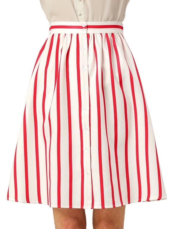 Women's Striped Skirt Elastic High Waist Button Front A-Line Midi Skirt S Red