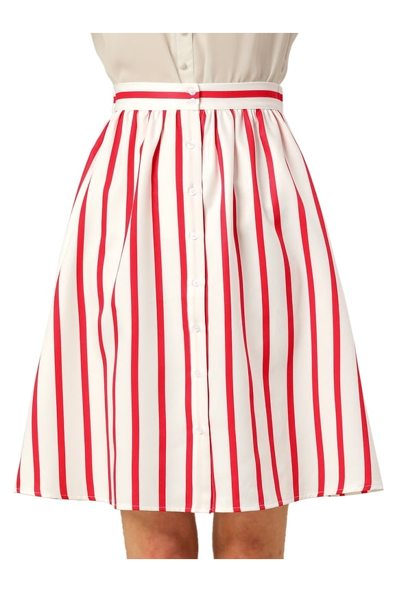 Women's Striped Skirt Elastic High Waist Button Front A-Line Midi Skirt S Red