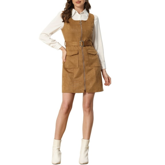 INSPIRE CHIC Women's Suede Dress Round Neck Zip Up Belt Waist Overdress M Brown