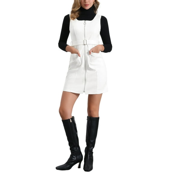 Allegra K Women's Suede Dress Round Neck Zip Up Belt Waist Overdress XS White